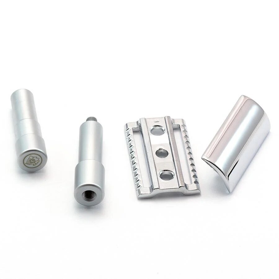 Merkur TRAVEL RAZOR 46C, HANDLE ALUMATT IN BLACK LEATHER CASE WITH A PACK OF BLADES 