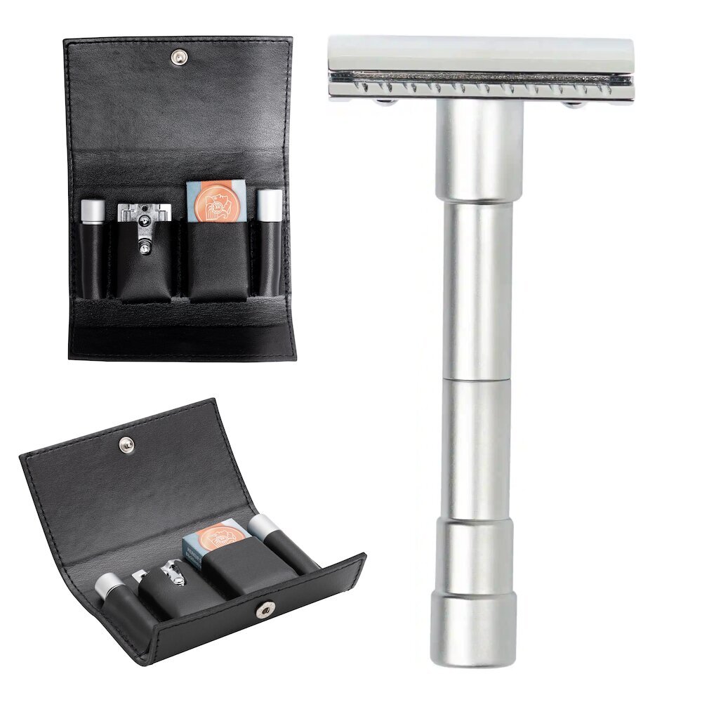 Merkur TRAVEL RAZOR 46C, HANDLE ALUMATT IN BLACK LEATHER CASE WITH A PACK OF BLADES 