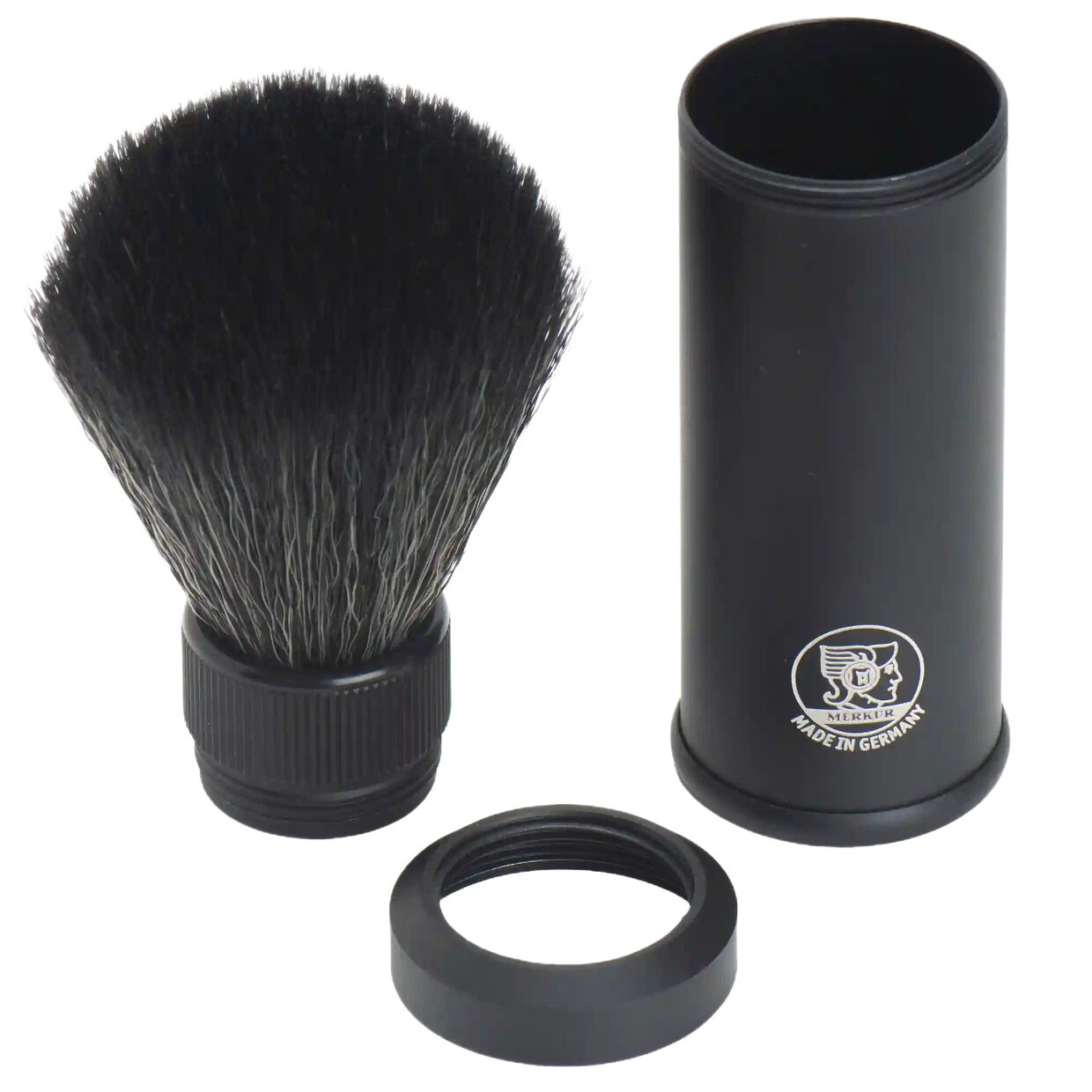 Merkur Shaving Brush 1300, Black-Fibre Synthetic, Travel Tube, Black Aluminum 